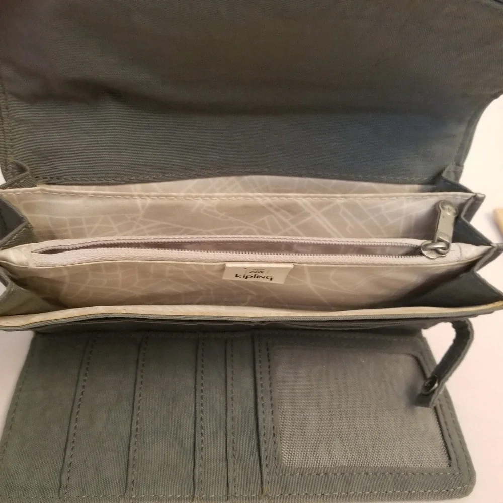 Kipling New Money Long Wallet Slate green Crinkle Nylon Trifold Organizer